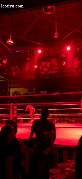 A wrestling ring is illuminated with red lighting, creating a dramatic atmosphere. Several people are visible around the ring, with silhouetted spectators in the foreground. Banners or art adorn the upper walls, and the venue has an industrial ceiling with exposed beams.